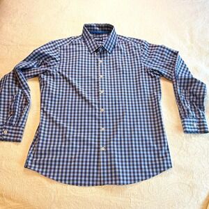 MOVE Men's L Blue Gray Check Long Sleeve Button-Up Shirt Point Collar Stretch